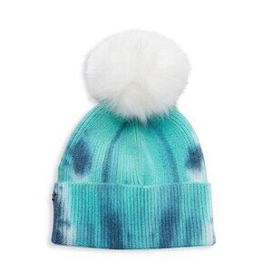 JOCELYN Blue Tie Dye Faux Fur Pom Pom Beanie Hat